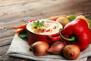 Barley and vegetable thick healthy soup. Krupnik thick Polish soup made from vegetable or broth, containing potatoes and barley groats