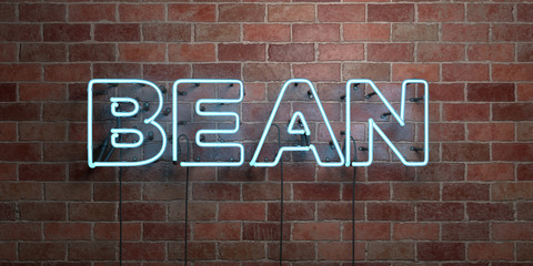 BEAN - fluorescent Neon tube Sign on brickwork - Front view - 3D rendered royalty free stock picture. Can be used for online banner ads and direct mailers..
