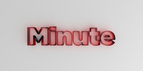 Minute - Red glass text on white background - 3D rendered royalty free stock image.