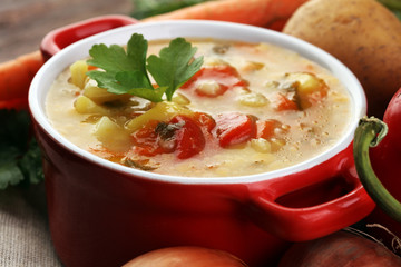 Barley and vegetable thick healthy soup. Krupnik thick Polish soup made from vegetable or broth, containing potatoes and barley groats