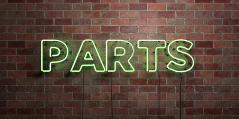 PARTS - fluorescent Neon tube Sign on brickwork - Front view - 3D rendered royalty free stock picture. Can be used for online banner ads and direct mailers..