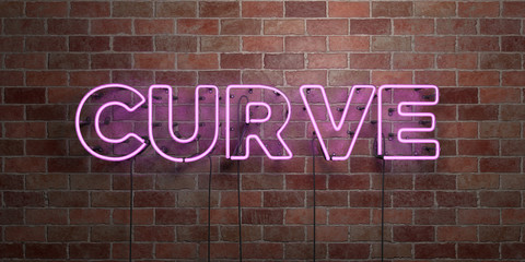CURVE - fluorescent Neon tube Sign on brickwork - Front view - 3D rendered royalty free stock picture. Can be used for online banner ads and direct mailers..