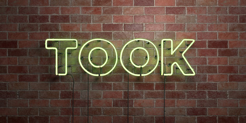 Fototapeta na wymiar TOOK - fluorescent Neon tube Sign on brickwork - Front view - 3D rendered royalty free stock picture. Can be used for online banner ads and direct mailers..