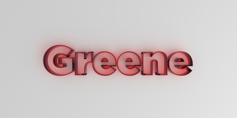Greene - Red glass text on white background - 3D rendered royalty free stock image.