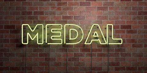 MEDAL - fluorescent Neon tube Sign on brickwork - Front view - 3D rendered royalty free stock picture. Can be used for online banner ads and direct mailers..