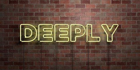 DEEPLY - fluorescent Neon tube Sign on brickwork - Front view - 3D rendered royalty free stock picture. Can be used for online banner ads and direct mailers..