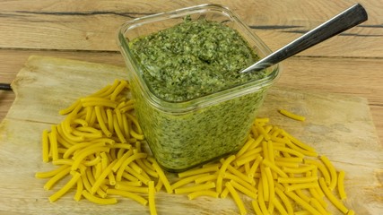 Fresh Pesto with basil and olive oil with noodles