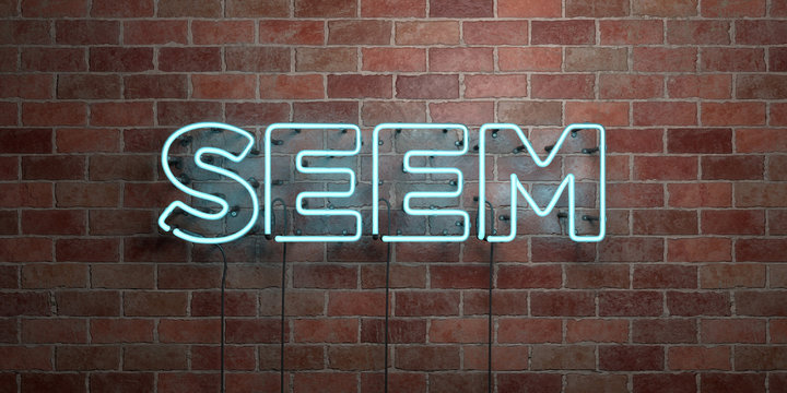 SEEM - fluorescent Neon tube Sign on brickwork - Front view - 3D rendered royalty free stock picture. Can be used for online banner ads and direct mailers..