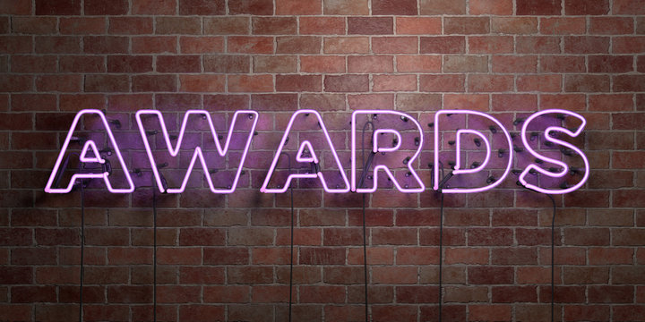 AWARDS - fluorescent Neon tube Sign on brickwork - Front view - 3D rendered royalty free stock picture. Can be used for online banner ads and direct mailers..