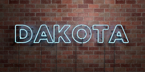 DAKOTA - fluorescent Neon tube Sign on brickwork - Front view - 3D rendered royalty free stock picture. Can be used for online banner ads and direct mailers..