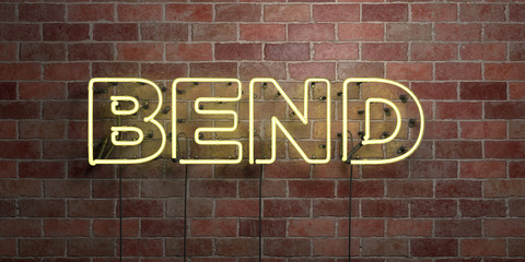 BEND - fluorescent Neon tube Sign on brickwork - Front view - 3D rendered royalty free stock picture. Can be used for online banner ads and direct mailers..