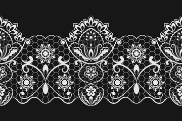 Seamless black and white horizontal lace vector pattern.