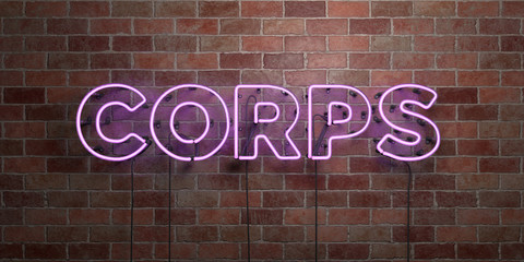 Fototapeta na wymiar CORPS - fluorescent Neon tube Sign on brickwork - Front view - 3D rendered royalty free stock picture. Can be used for online banner ads and direct mailers..