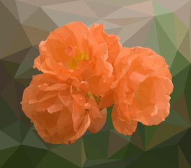 Abstract polygonal rose. Vector illustration of three orange roses in low poly style on background. Picture of flowers made of colored triangles.