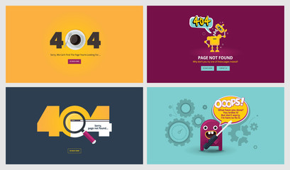 Set of flat design 404 error page templates. Vector concept illustrations of page not found for website design and development.