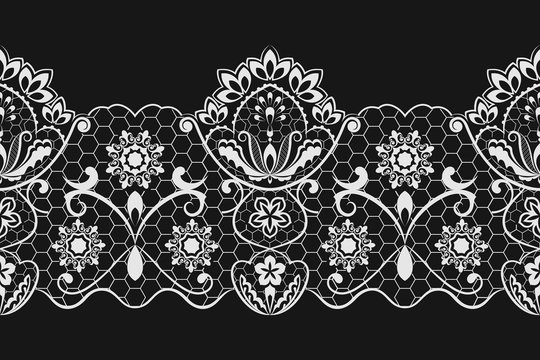 Seamless black and white horizontal lace vector pattern.