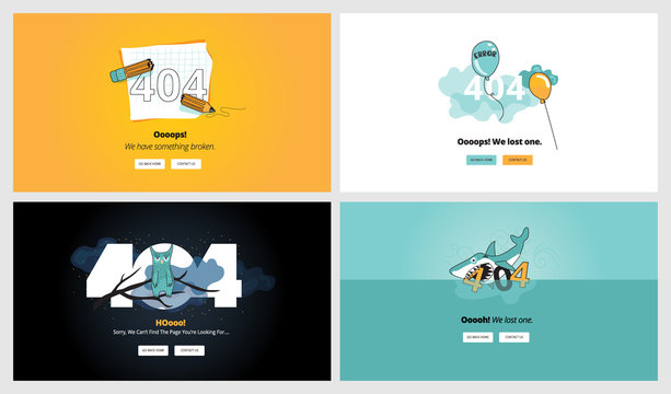 Set of flat design 404 error page templates. Vector concept illustrations of page not found for website design and development.