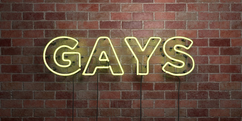 GAYS - fluorescent Neon tube Sign on brickwork - Front view - 3D rendered royalty free stock picture. Can be used for online banner ads and direct mailers..