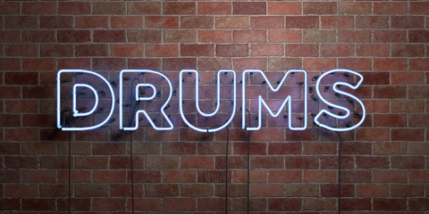 DRUMS - fluorescent Neon tube Sign on brickwork - Front view - 3D rendered royalty free stock picture. Can be used for online banner ads and direct mailers..