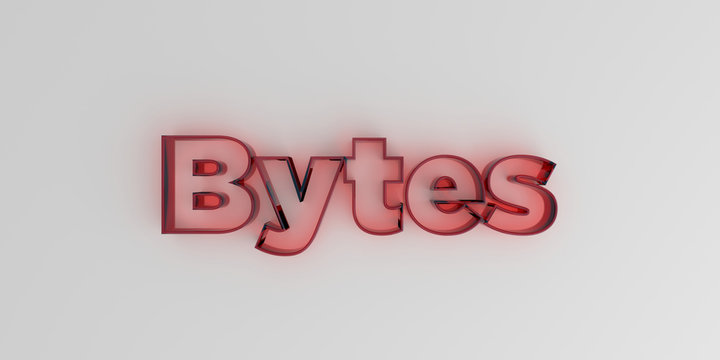 Bytes - Red glass text on white background - 3D rendered royalty free stock image.