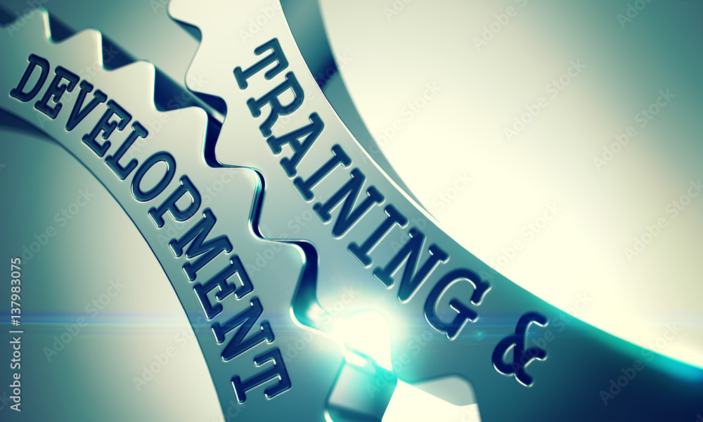 Poster training and development - text on mechanism of metal cog gears.