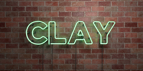 CLAY - fluorescent Neon tube Sign on brickwork - Front view - 3D rendered royalty free stock picture. Can be used for online banner ads and direct mailers..