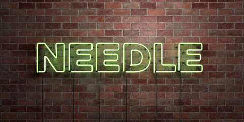 NEEDLE - fluorescent Neon tube Sign on brickwork - Front view - 3D rendered royalty free stock picture. Can be used for online banner ads and direct mailers..