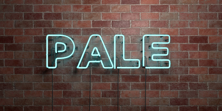 PALE - fluorescent Neon tube Sign on brickwork - Front view - 3D rendered royalty free stock picture. Can be used for online banner ads and direct mailers..
