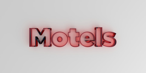 Motels - Red glass text on white background - 3D rendered royalty free stock image.