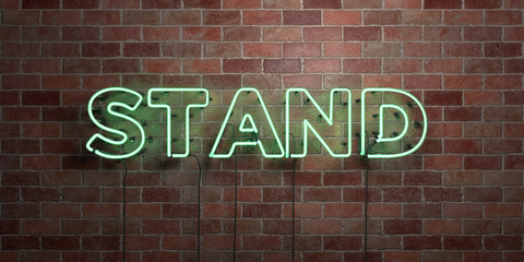 Obraz premium STAND - fluorescent Neon tube Sign on brickwork - Front view - 3D rendered royalty free stock picture. Can be used for online banner ads and direct mailers..