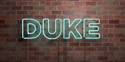 DUKE - fluorescent Neon tube Sign on brickwork - Front view - 3D rendered royalty free stock picture. Can be used for online banner ads and direct mailers..