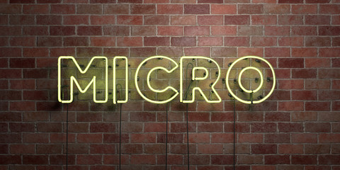 MICRO - fluorescent Neon tube Sign on brickwork - Front view - 3D rendered royalty free stock picture. Can be used for online banner ads and direct mailers..