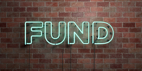 Obraz premium FUND - fluorescent Neon tube Sign on brickwork - Front view - 3D rendered royalty free stock picture. Can be used for online banner ads and direct mailers..