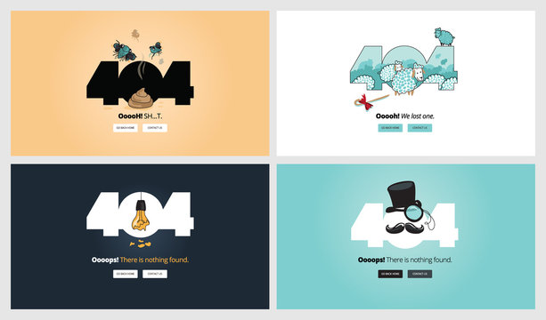 Set of flat design 404 error page templates. Vector concept illustrations of page not found for website design and development.