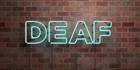 Fototapeta na wymiar DEAF - fluorescent Neon tube Sign on brickwork - Front view - 3D rendered royalty free stock picture. Can be used for online banner ads and direct mailers..