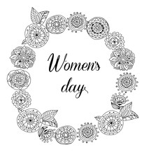 monochrome abstract vector background with floral print by hand in a circle and the words women's day