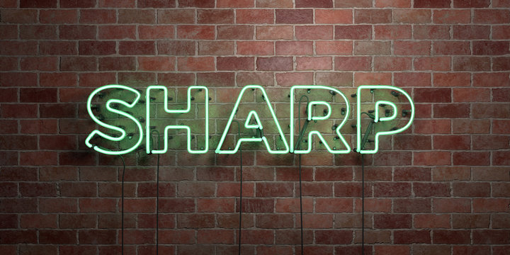 SHARP - fluorescent Neon tube Sign on brickwork - Front view - 3D rendered royalty free stock picture. Can be used for online banner ads and direct mailers..