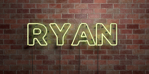 RYAN - fluorescent Neon tube Sign on brickwork - Front view - 3D rendered royalty free stock picture. Can be used for online banner ads and direct mailers..