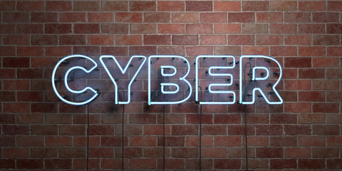 CYBER - fluorescent Neon tube Sign on brickwork - Front view - 3D rendered royalty free stock picture. Can be used for online banner ads and direct mailers..