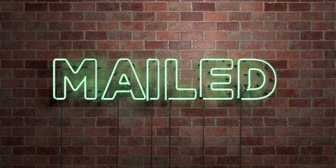 MAILED - fluorescent Neon tube Sign on brickwork - Front view - 3D rendered royalty free stock picture. Can be used for online banner ads and direct mailers..