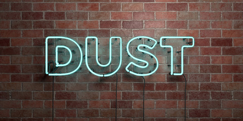 Fototapeta na wymiar DUST - fluorescent Neon tube Sign on brickwork - Front view - 3D rendered royalty free stock picture. Can be used for online banner ads and direct mailers..