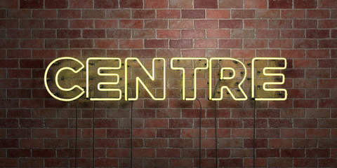 CENTRE - fluorescent Neon tube Sign on brickwork - Front view - 3D rendered royalty free stock picture. Can be used for online banner ads and direct mailers..
