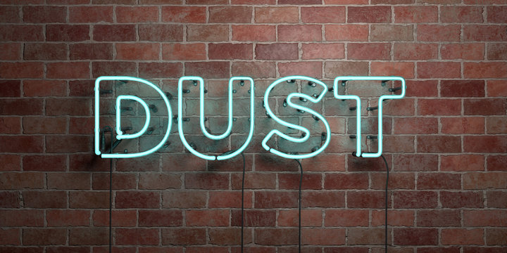 DUST - fluorescent Neon tube Sign on brickwork - Front view - 3D rendered royalty free stock picture. Can be used for online banner ads and direct mailers..