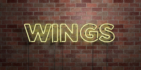 WINGS - fluorescent Neon tube Sign on brickwork - Front view - 3D rendered royalty free stock picture. Can be used for online banner ads and direct mailers..