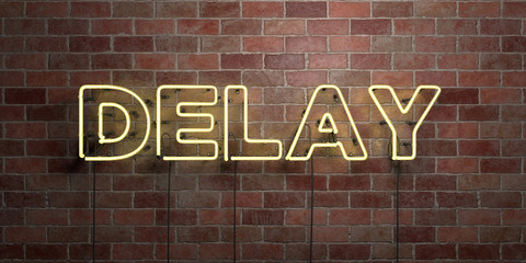 DELAY - fluorescent Neon tube Sign on brickwork - Front view - 3D rendered royalty free stock picture. Can be used for online banner ads and direct mailers..