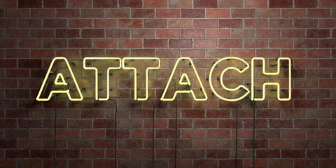 ATTACH - fluorescent Neon tube Sign on brickwork - Front view - 3D rendered royalty free stock picture. Can be used for online banner ads and direct mailers..