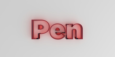 Pen - Red glass text on white background - 3D rendered royalty free stock image.
