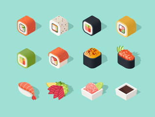 Isometric sushi icons on blue background for other sushi categories.  - 137984803