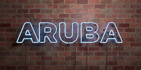 ARUBA - fluorescent Neon tube Sign on brickwork - Front view - 3D rendered royalty free stock picture. Can be used for online banner ads and direct mailers..