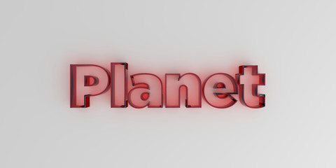 Planet - Red glass text on white background - 3D rendered royalty free stock image.